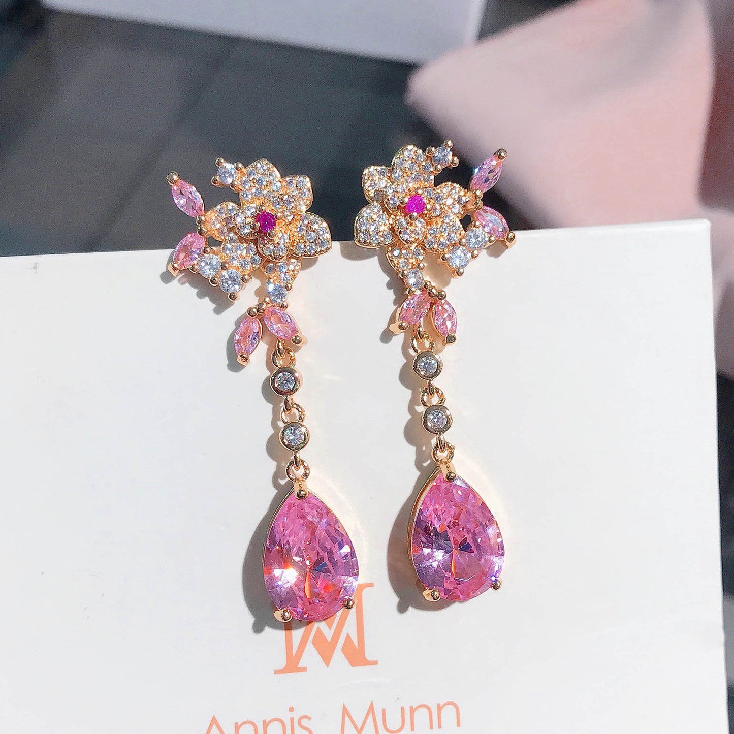 Flower Three-dimensional Rose Drop-shaped Gem Earrings