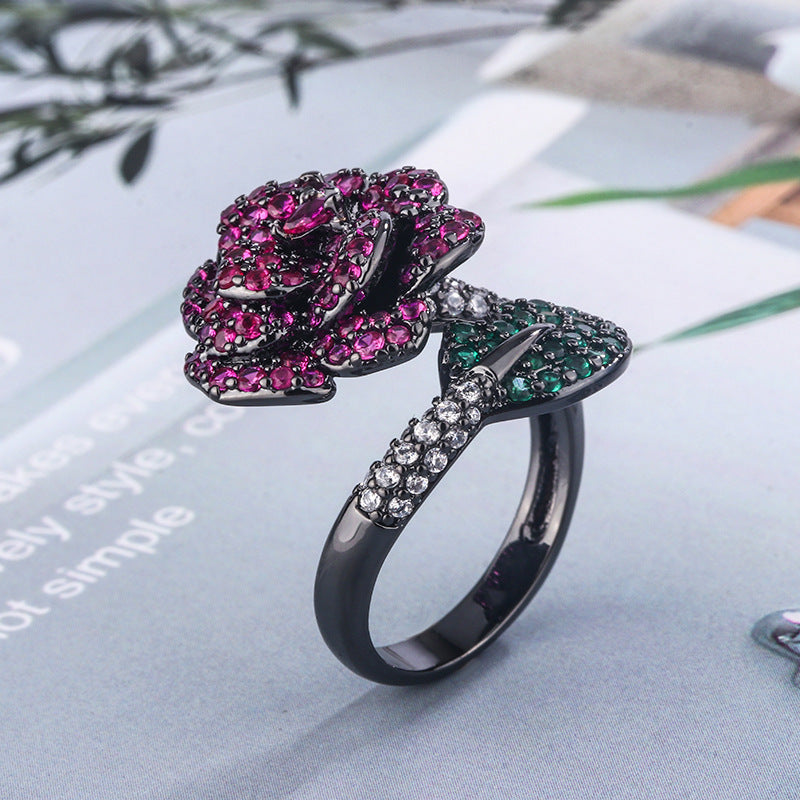 Gold-plated Simulation Red Corundum Black Gold Flower Personality Ring