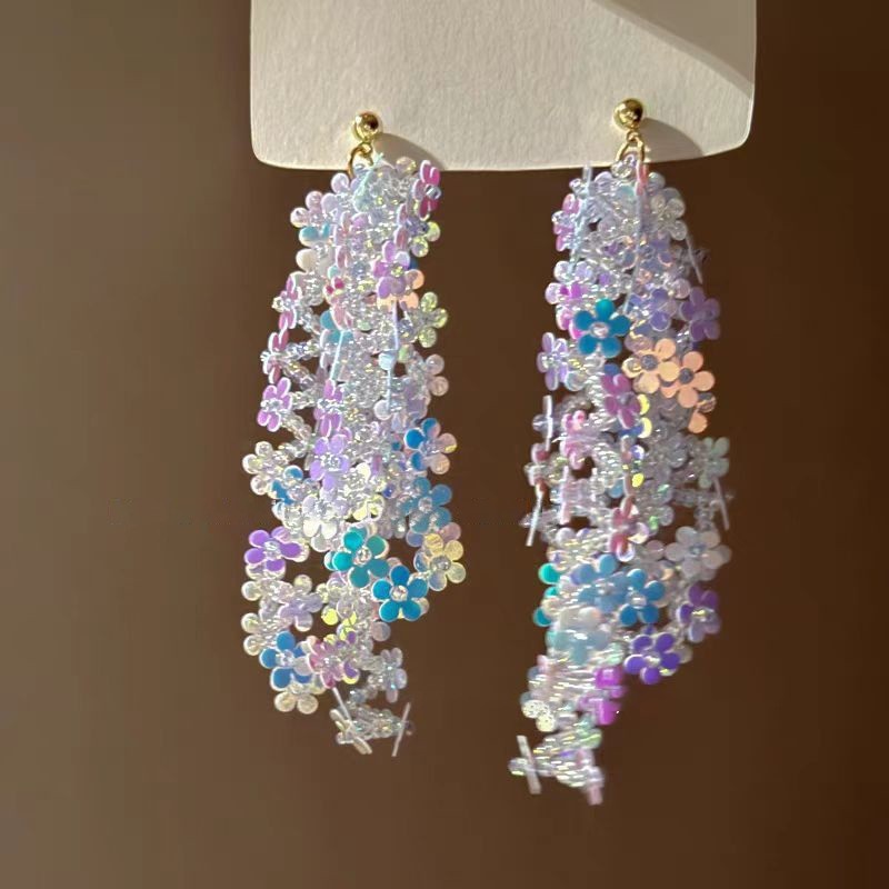 Silver Needle Fabric Flower Pendant Earrings For Women
