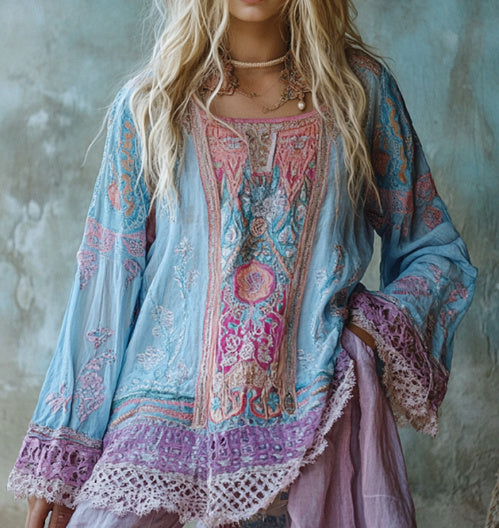 Women's Retro Bohemian Purple Floral Patchwork Linen Blend Loose Tunic