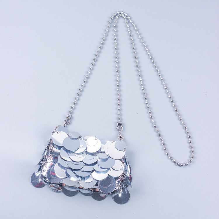Sequined Woven Chain Shoulder Bag