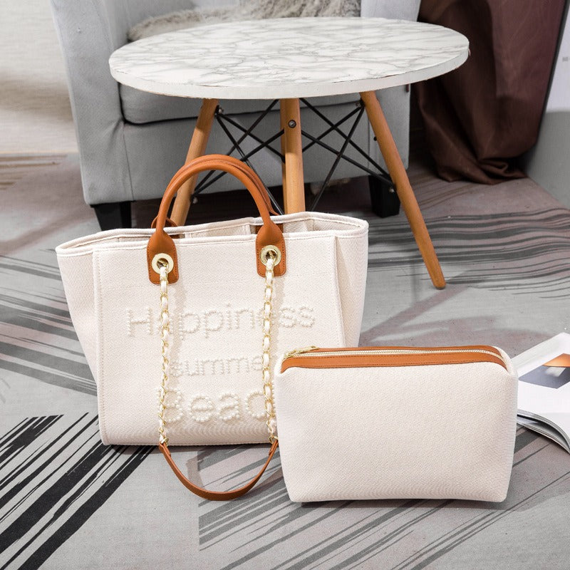 Off-White Beaded Canvas Tote