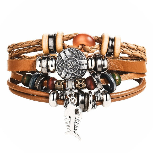 2 pcs Tibet Stone Feather Multilayer Leather Bracelet Eye Fish Charms Beads Bracelets for Men Vintage Punk Wrap Wristband