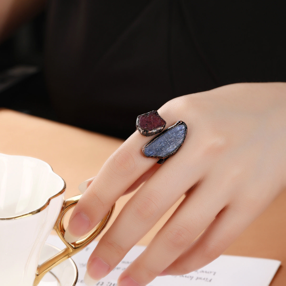 Blue Crystal Bronze Plated Double-headed Ring