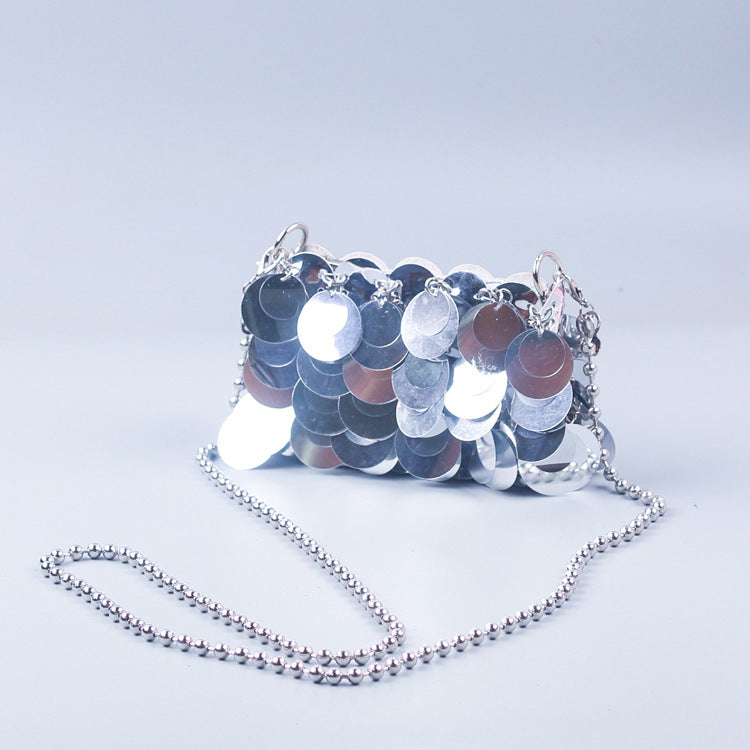 Sequined Woven Chain Shoulder Bag