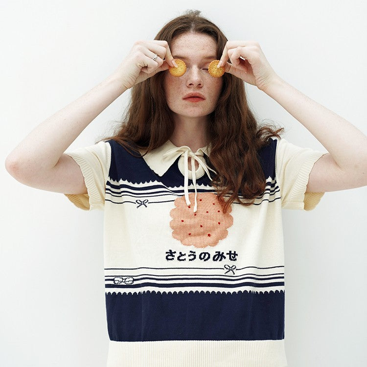Women's Embroidered Cookies Loose Pullover Lapel Knitwear