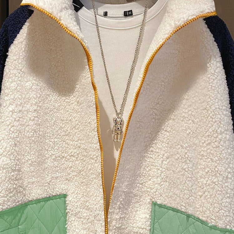 Loose Lamb Wool Women's Stitching Contrast Color Fleece Padded Coat