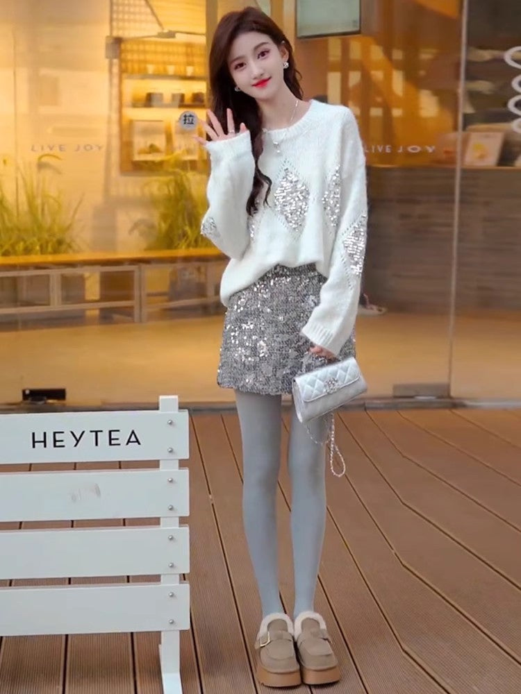 Heavy Embroidery Sequins Loose Sweater Idle Style Loose Outerwear Knitwear