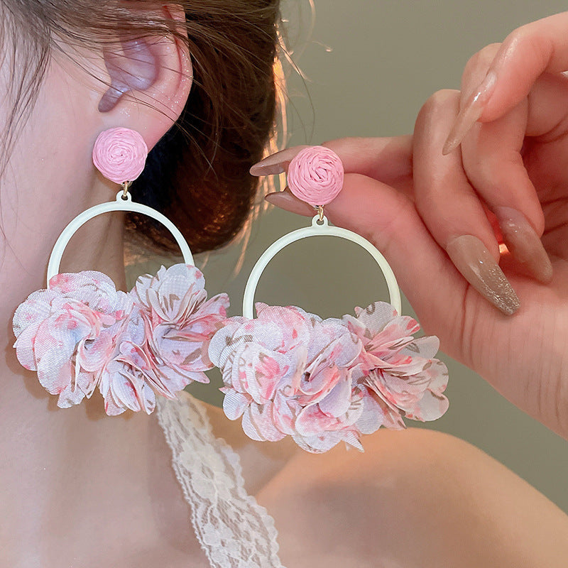 Silver Needle Fabric Flower Pendant Earrings For Women