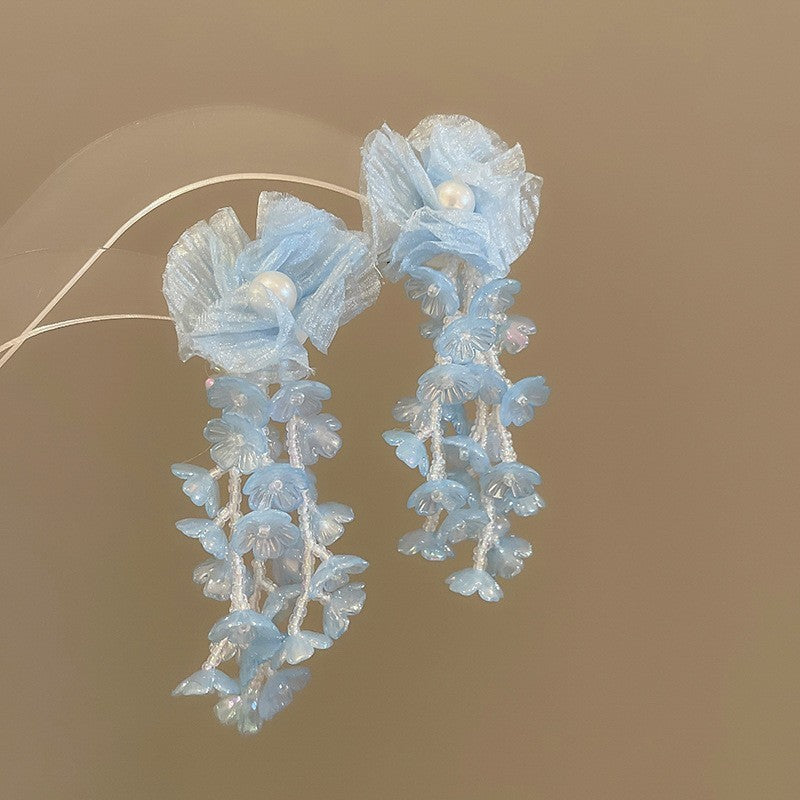 Silver Needle Fabric Flower Pendant Earrings For Women