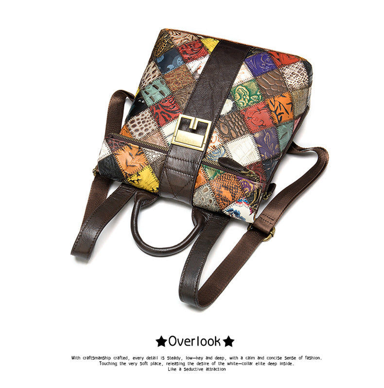 Cowhide Ethnic Stitching Backpack