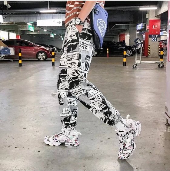 Tide brand hip hop newspaper pants men and women pants ins the same paragraph street loose beam pants national tide - BAGMODA