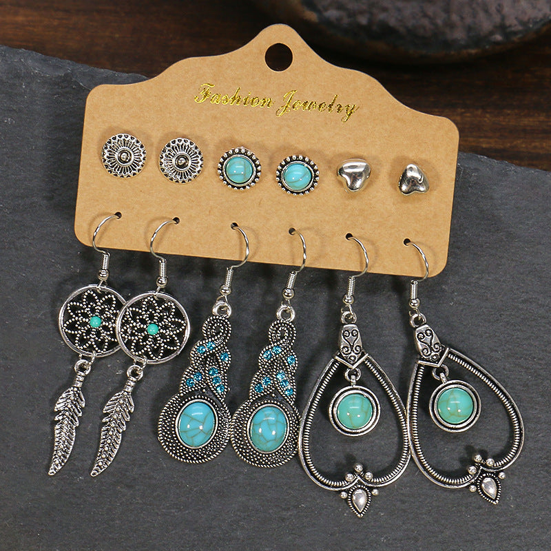 Slimming Cross-border Earrings Suit Combination Bohemian Ethnic Exquisite Water Drop Leaves Lovely Electroplated Beaded Earrings