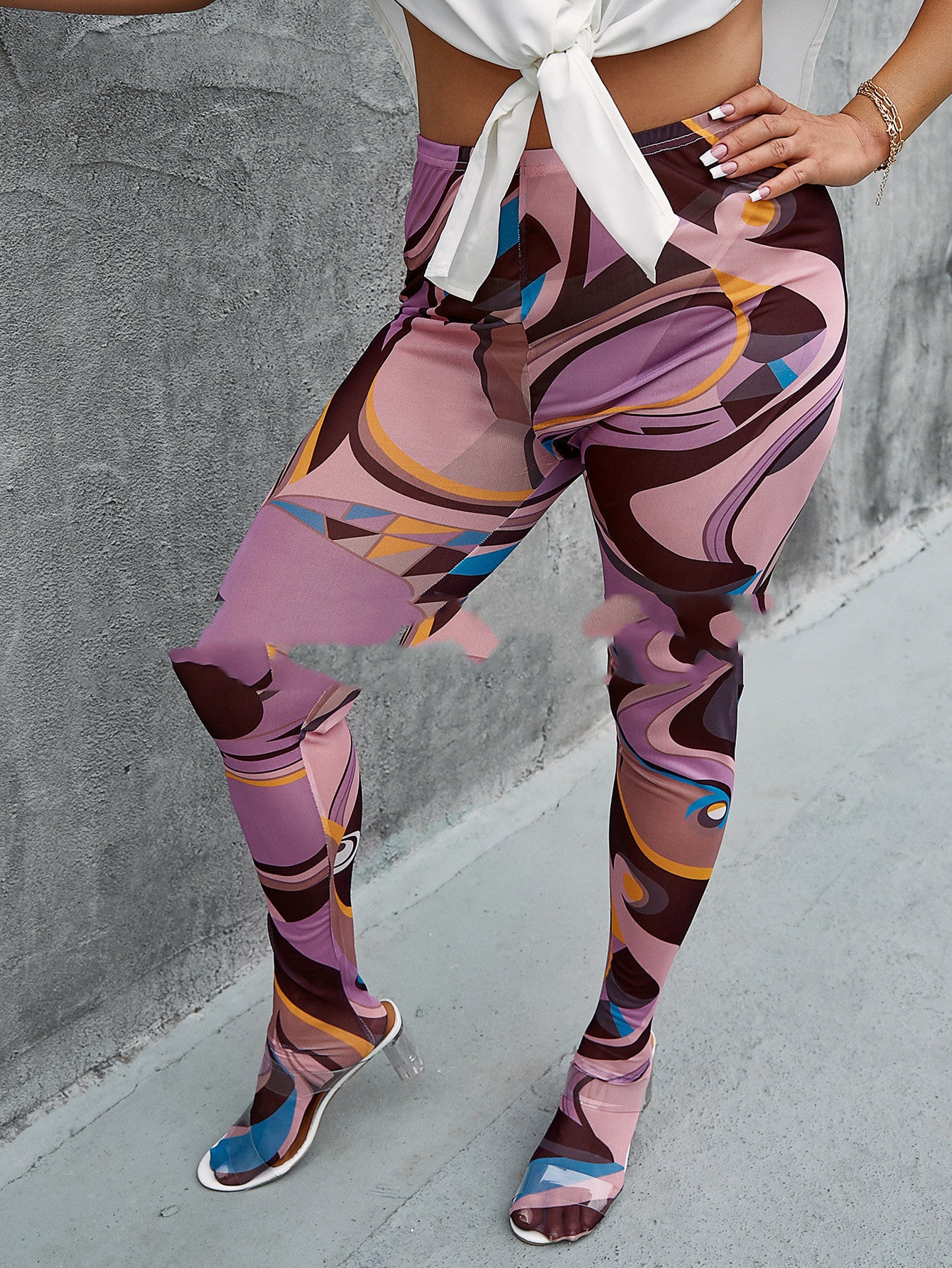 High Waist Magic Double Button Print Medium Pressure Ordinary Ninth Pants Hip Lift ThinLeggings