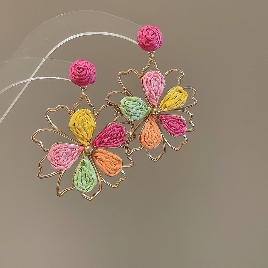 Silver Needle Fabric Flower Pendant Earrings For Women