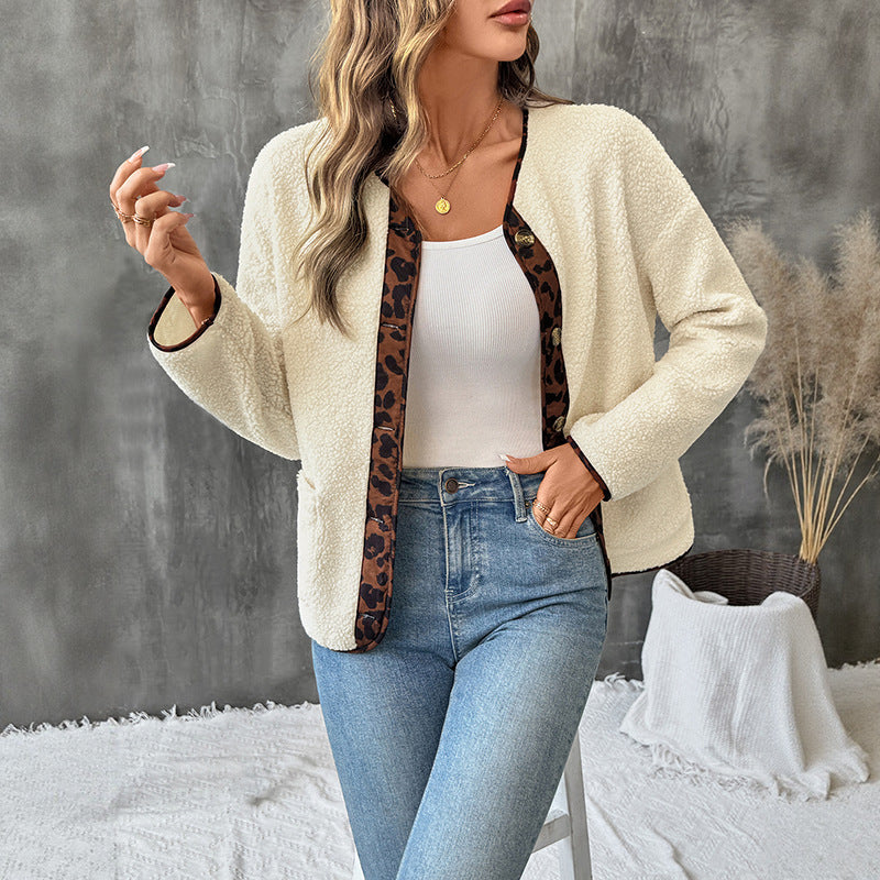 Women's Leopard Print Contrast Color-side Cardigan Thickened Polar Fleece Jacket