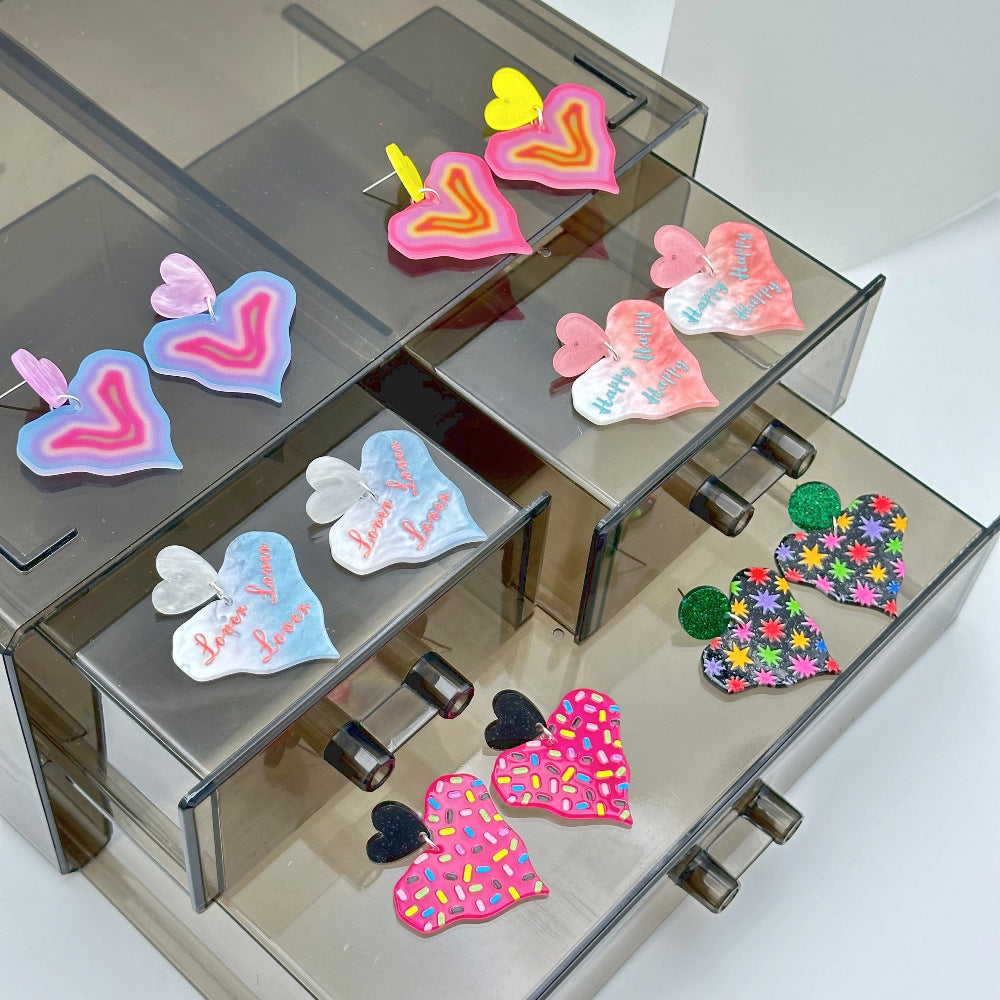 Color Printing Love Heart Acrylic Earrings