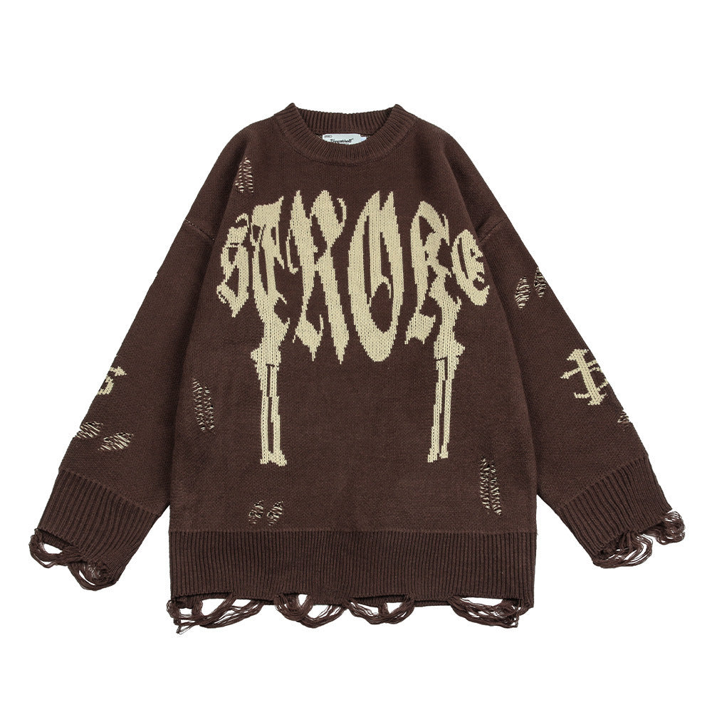 Suéter de cuello redondo roto y crochet de tendencia hip hop