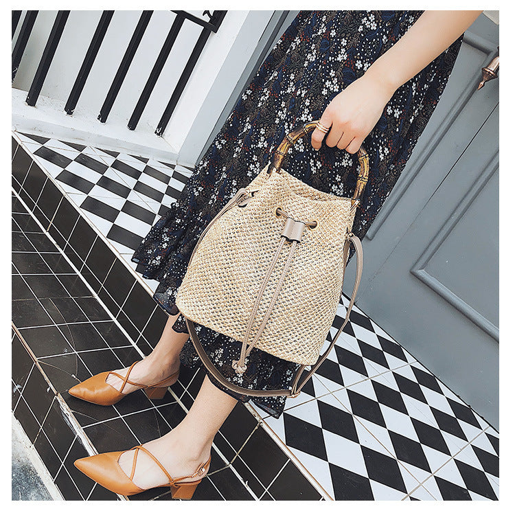 Bamboo Hand Bucket Shaped Woven Women's Bag One Shoulder Diagonal Bag