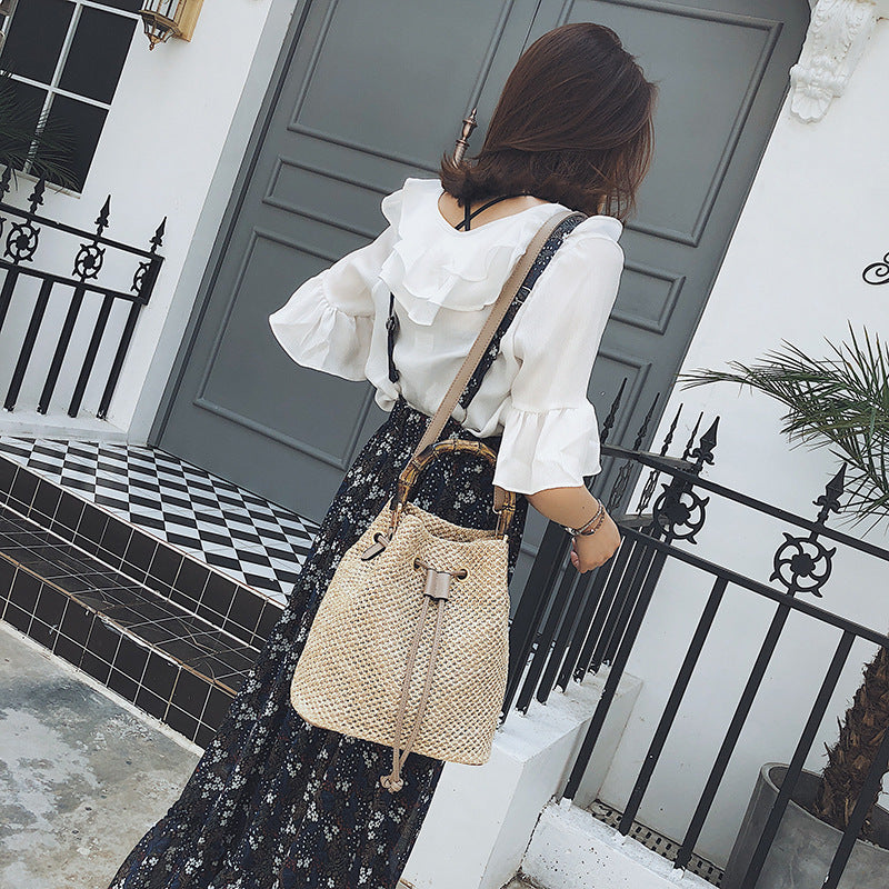 Bamboo Hand Bucket Shaped Woven Women's Bag One Shoulder Diagonal Bag