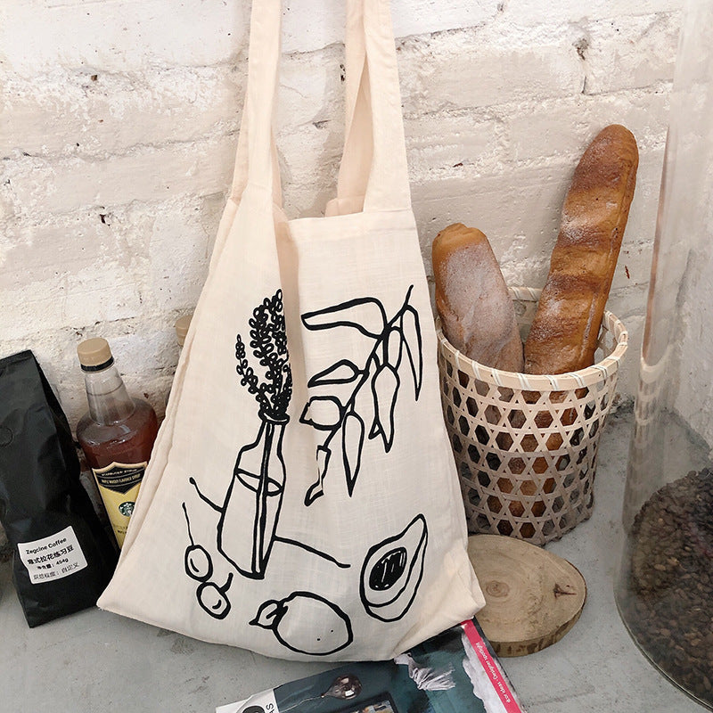 Lazy Style Ins Simple Camellia Line Shoulder Bag Canvas Bag Shopping Bag Female