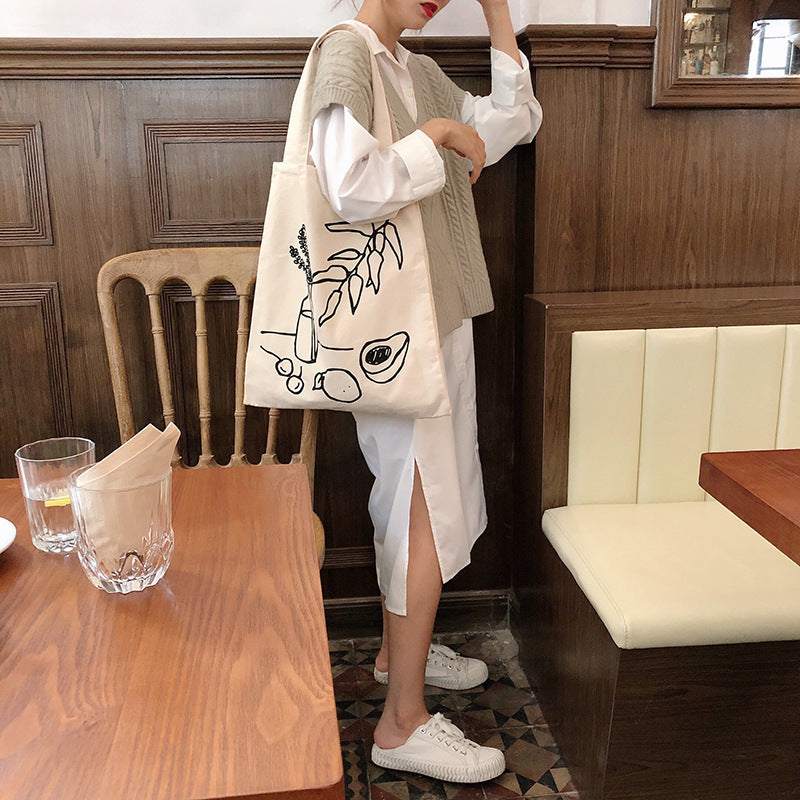 Lazy Style Ins Simple Camellia Line Shoulder Bag Canvas Bag Shopping Bag Female