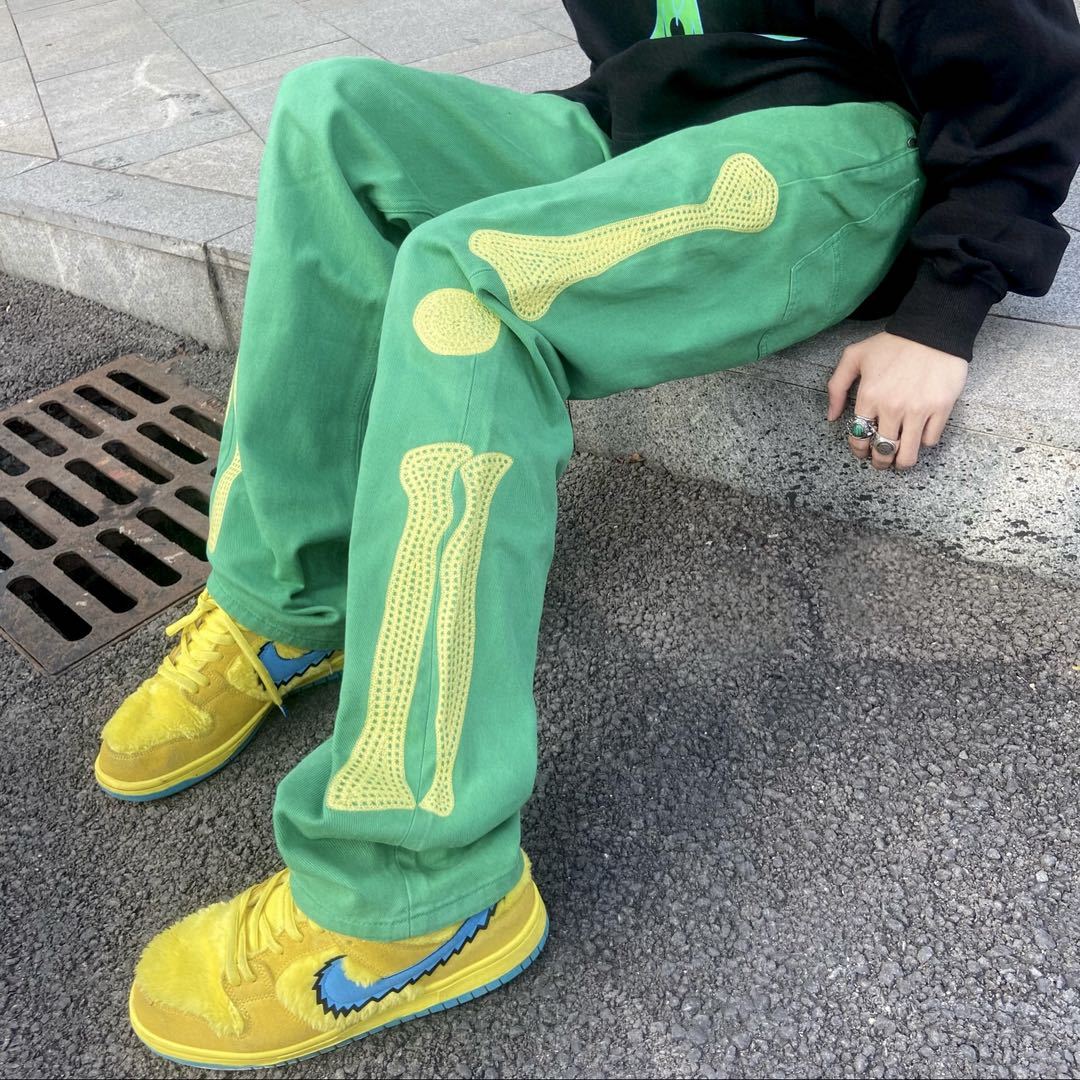 Street Green Embroidery Bone Loose Wash Denim Casual Pants Men