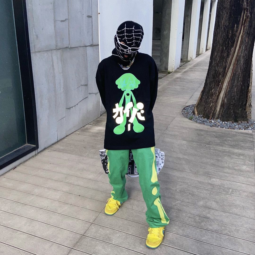 Street Green Embroidery Bone Loose Wash Denim Casual Pants Men