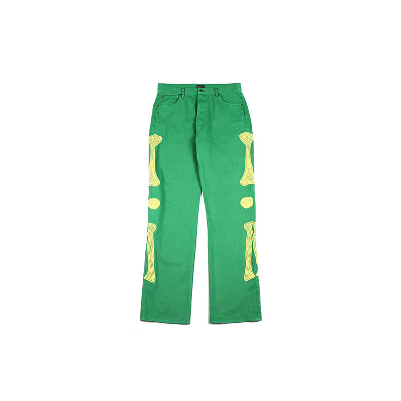 Street Green Embroidery Bone Loose Wash Denim Casual Pants Men