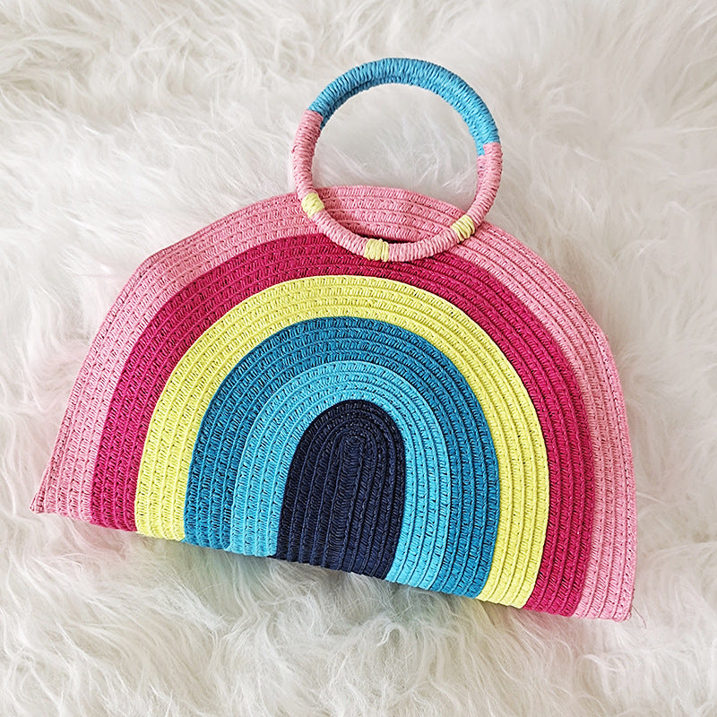 Rainbow portable straw woven bag beach women bag
