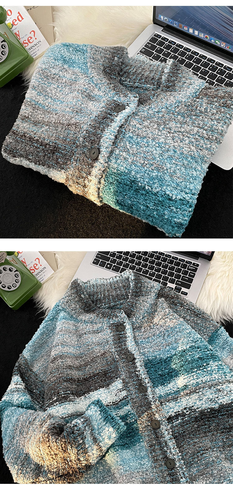 Blue Gradient Cardigan Sweater Men's Loose