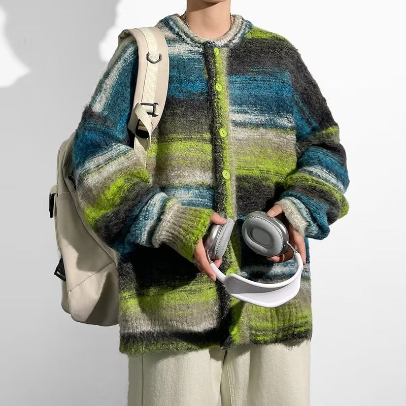 Contrast Color Sweater Hong Kong Style Trendy Baggy Coat Men's And Women's Fashion Casual Knitted Cardigan Top