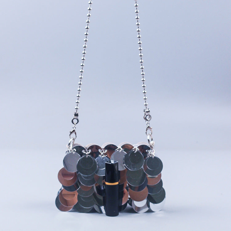 Sequined Woven Chain Shoulder Bag