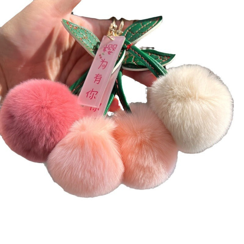 Real Otter Rabbit Fur Grass Little Cherry Car Keychain Pendant