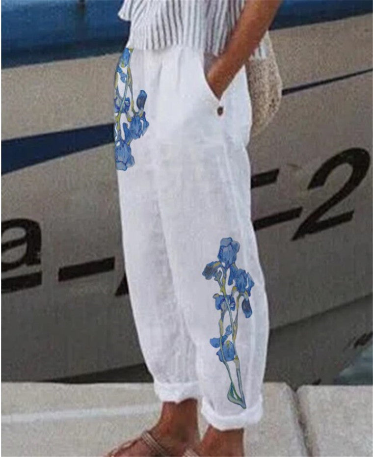 Cotton And Linen Printed Loose Track Pants Women