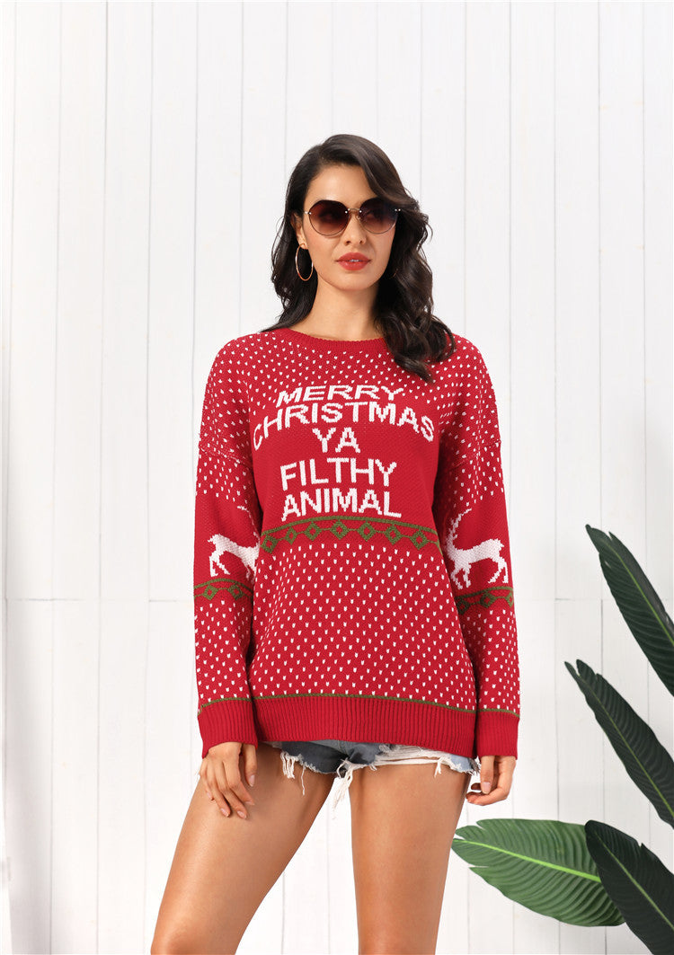Women's Clothing Amazon Hot Knitwear Letter Deer Loose Plus Size Mid-length Sweater