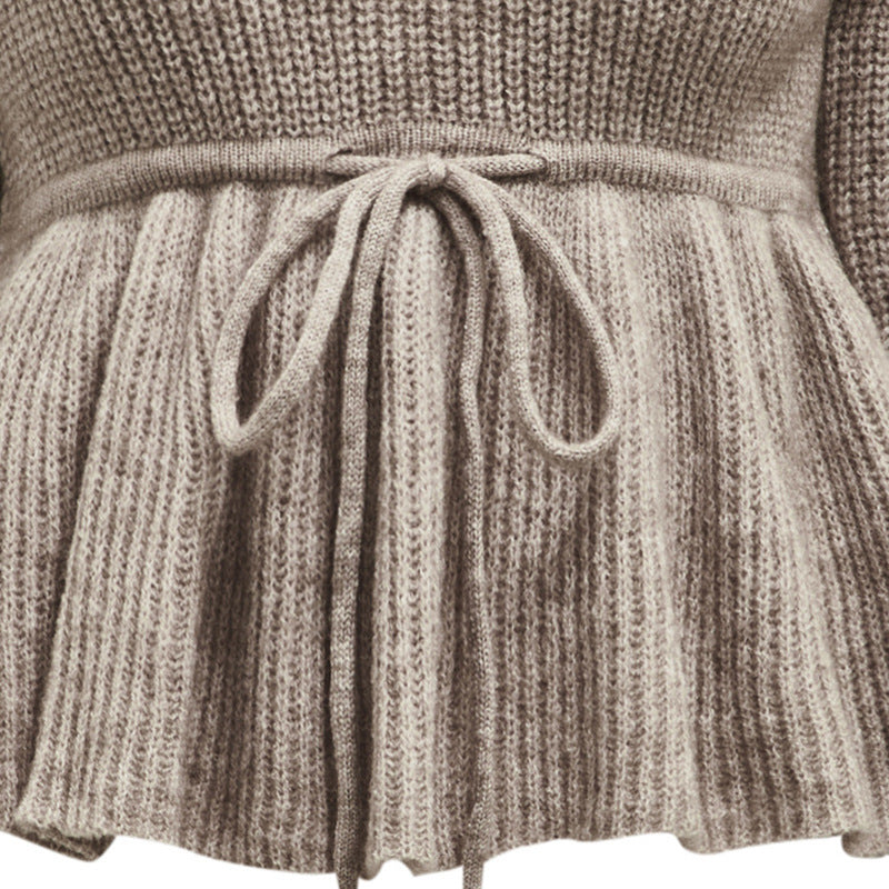 Women's V-neck Lace-up Knitwear Casual Long-sleeved Top European And American Sweater