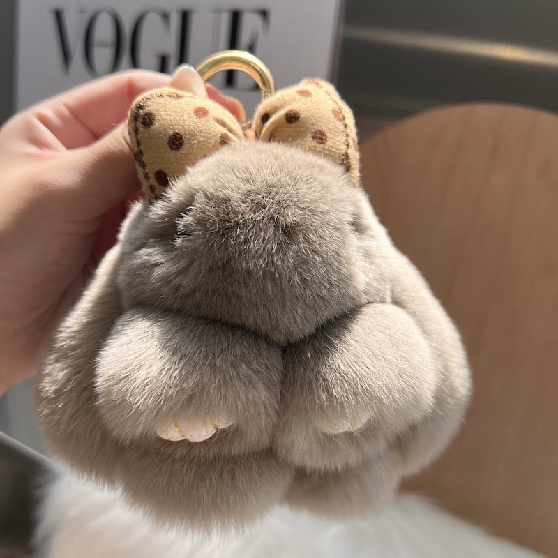 Cute Real Rex Rabbit Hair Bow Bunny Car Key Ring Pendant