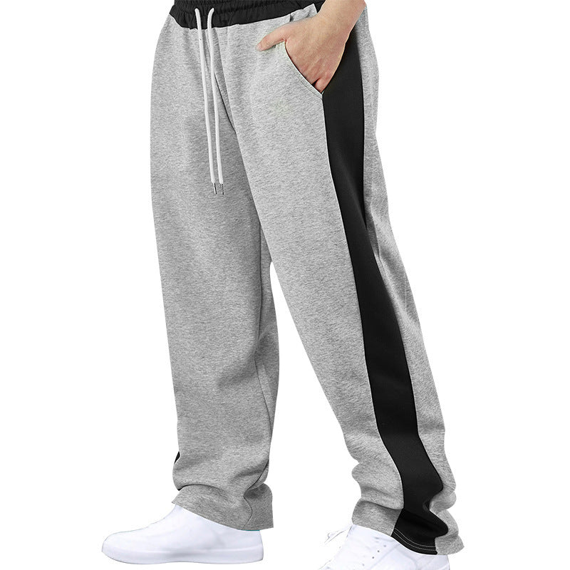 Stitching Contrast Color Loose Straight Drawstring Leisure Pants Men - BAGMODA