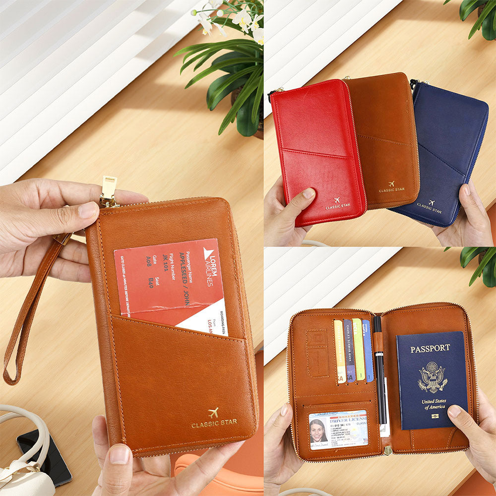 Cartera de cuero genuino con porta pasaporte y barrera RFID
