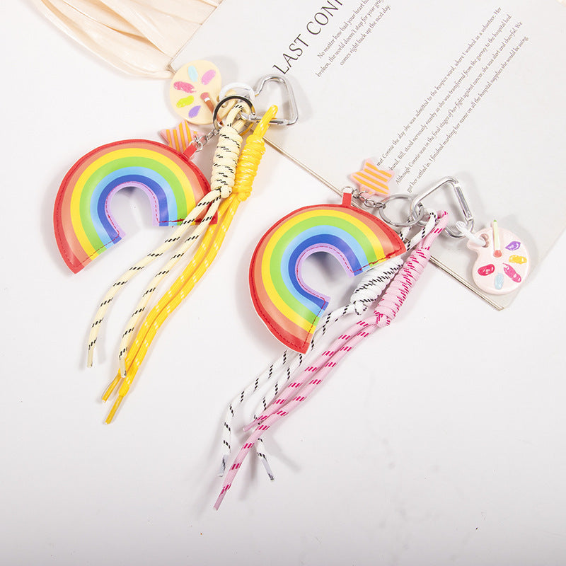 Ins Leather Cotton-filled Rainbow Palette Ornaments Braided Rope Handbag Pendant