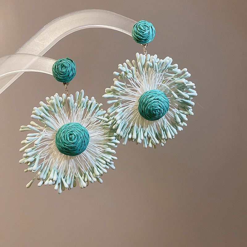 Silver Needle Fabric Flower Pendant Earrings For Women