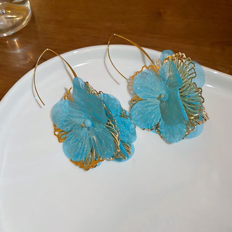 Silver Needle Fabric Flower Pendant Earrings For Women