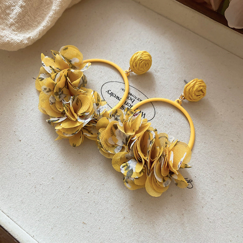 Silver Needle Fabric Flower Pendant Earrings For Women