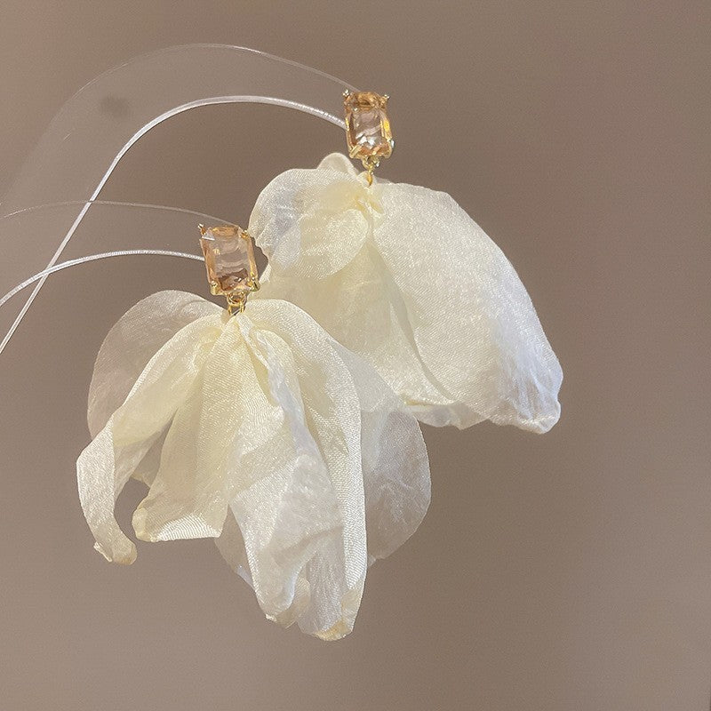 Silver Needle Fabric Flower Pendant Earrings For Women