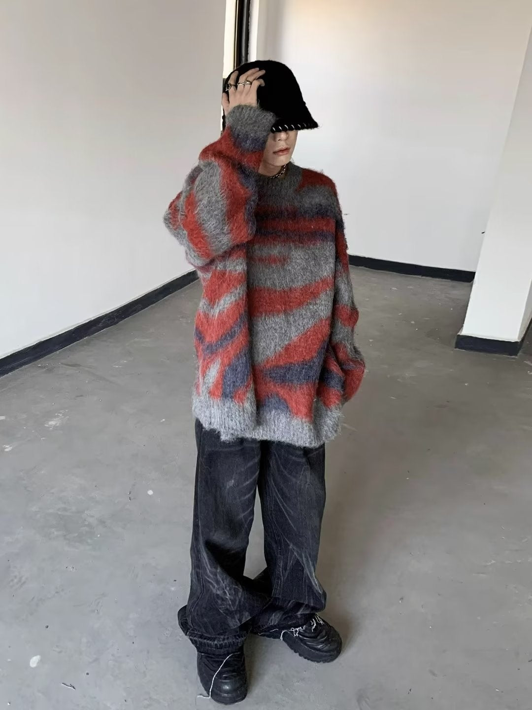 Contrast Color Stripes Idle Style Winter Loose Retro New Mohair Knitwear Sweater