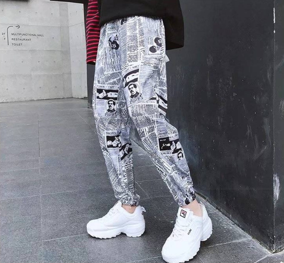 Tide brand hip hop newspaper pants men and women pants ins the same paragraph street loose beam pants national tide - BAGMODA