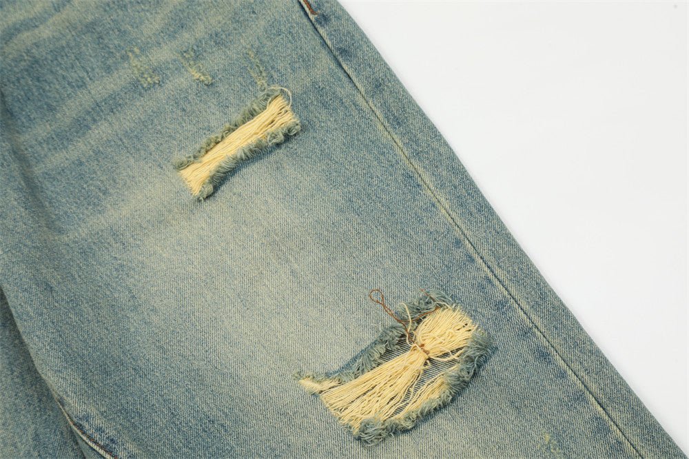 Pan Yellow Denim Broken Holes Pants Men - BAGMODA