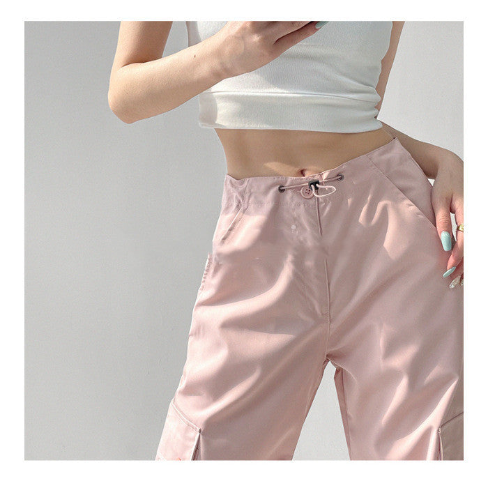 Low-waisted Drawstring Three-dimensional Pocket Work Pants For Women