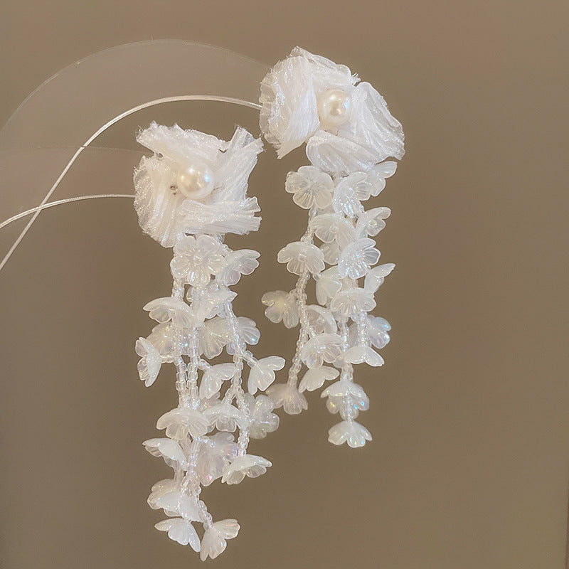 Silver Needle Fabric Flower Pendant Earrings For Women